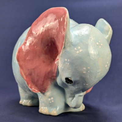 Vintage Round Ball Shaped Ceramic Baby Blue Elephant Figurine Unmarked 6''