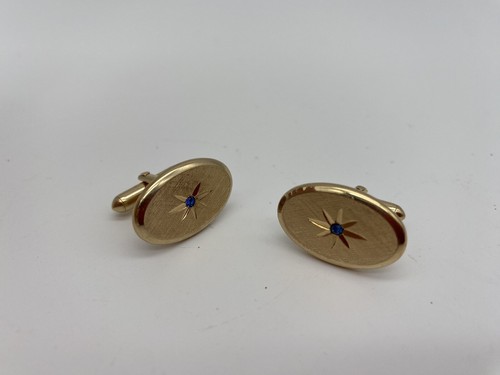 VTG AVON Star Etched Cufflinks With Blue Rhinestone Gold Tone Oval