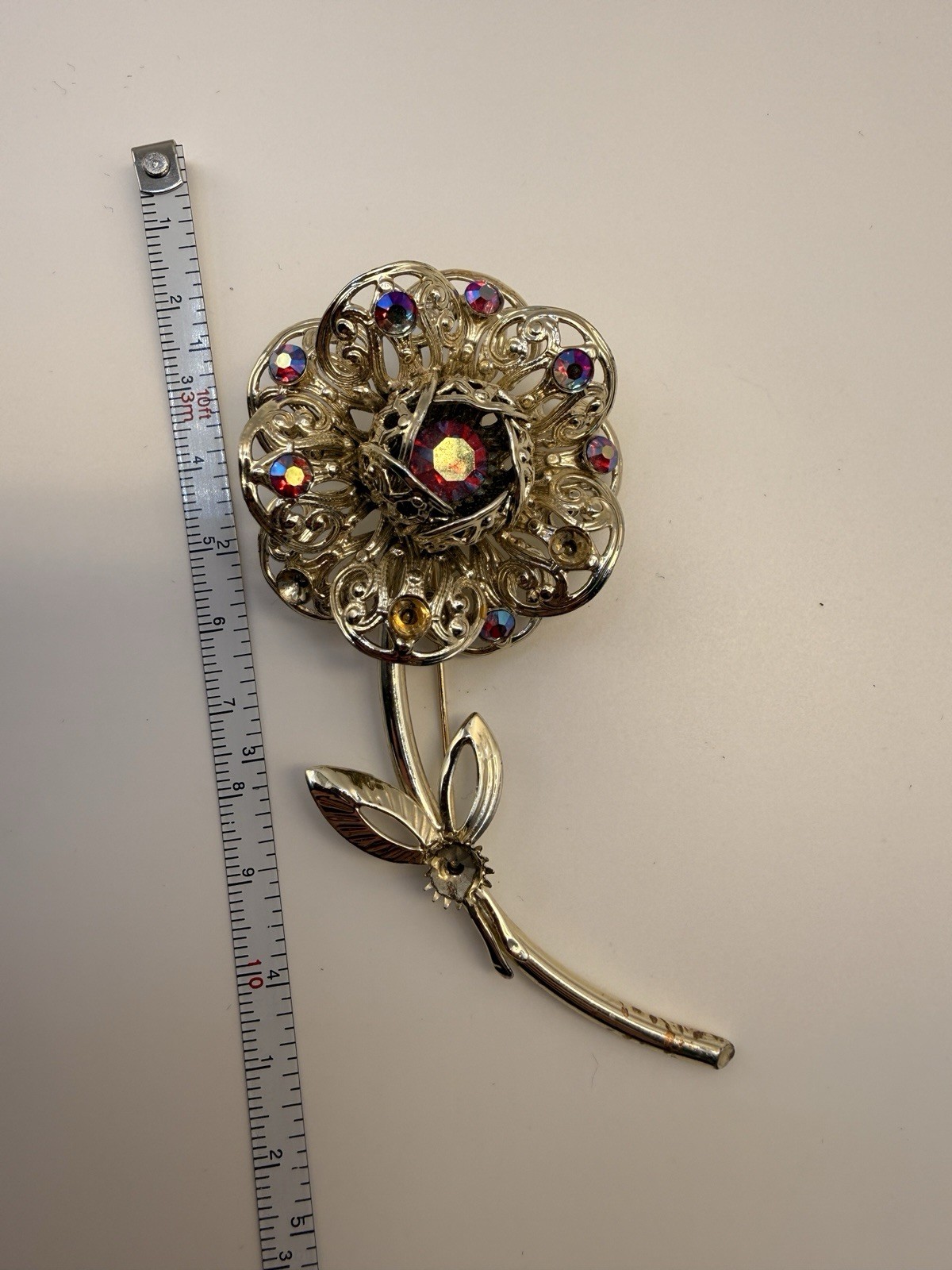 Vintage Sarah Coventry Flower Brooch Aurora Borealis Rhinestone Missing Stones