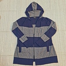 AQUA Cashmere Striped Open Front Hooded Cardigan Gray Navy Women's L