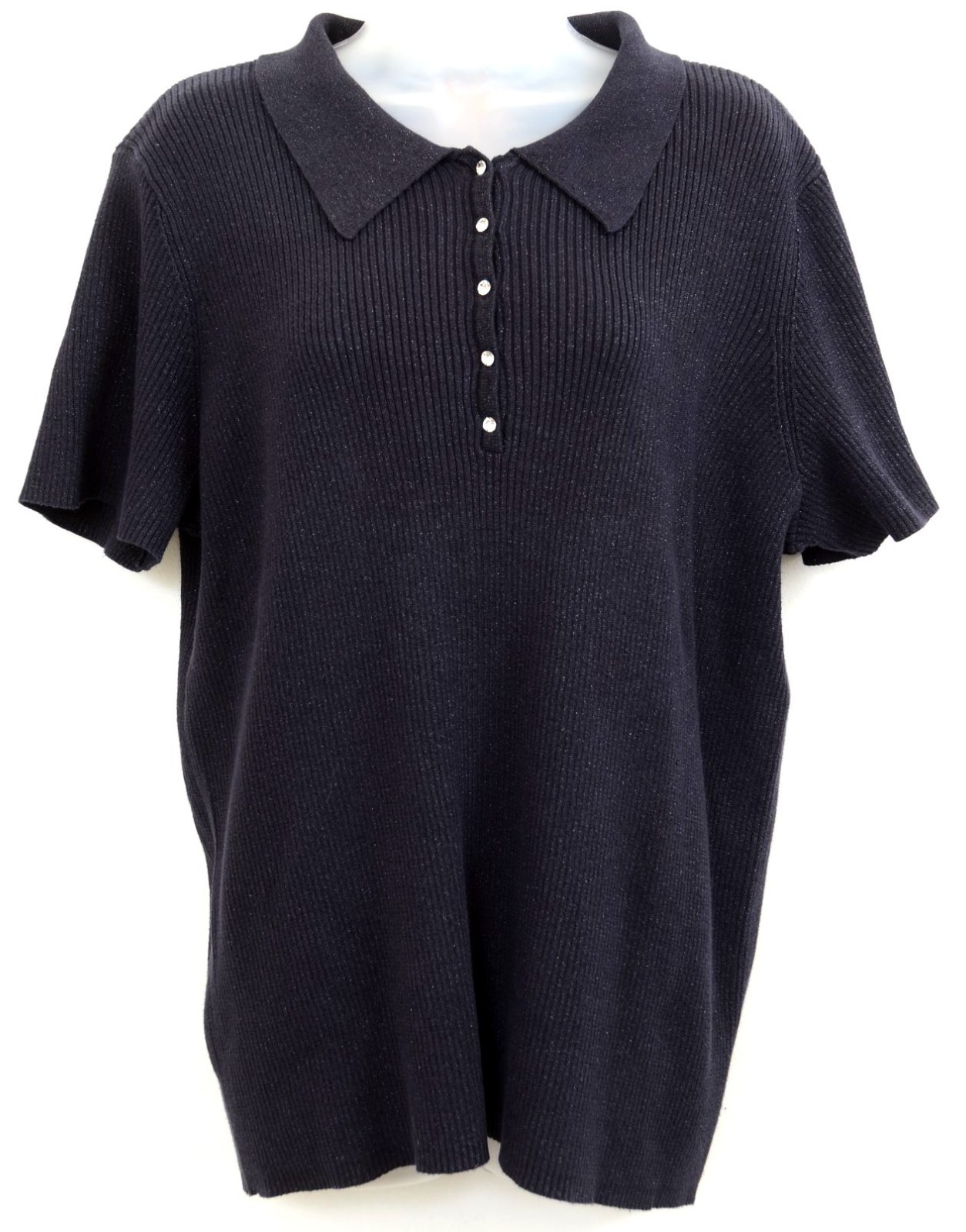 Quacker Factory Bling Buttons Collared Cotton Sweater Short Sleeve Career Sz LG