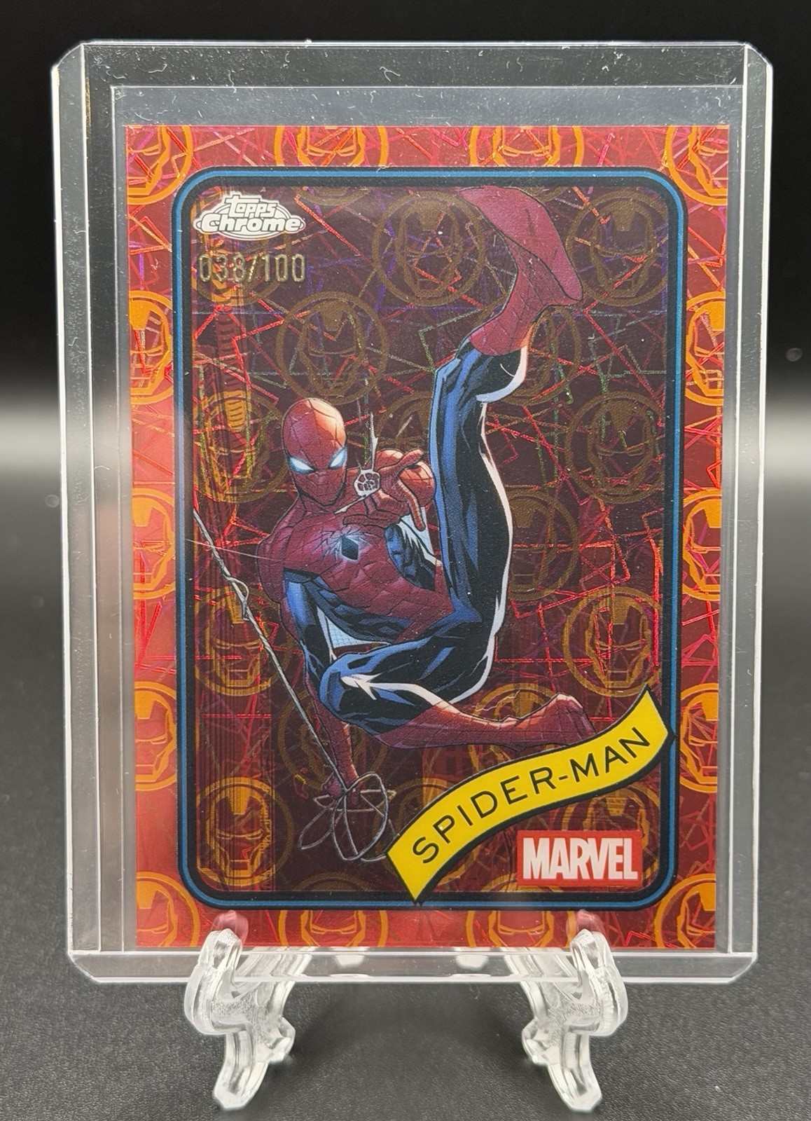 2025 Topps Chrome Marvel Spiderman Iron Man Red and Gold Lazer Refractor /100