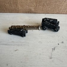 Vintage Miniature Cannon Set Brass Tone Ornate Black Cast Iron Style Decor