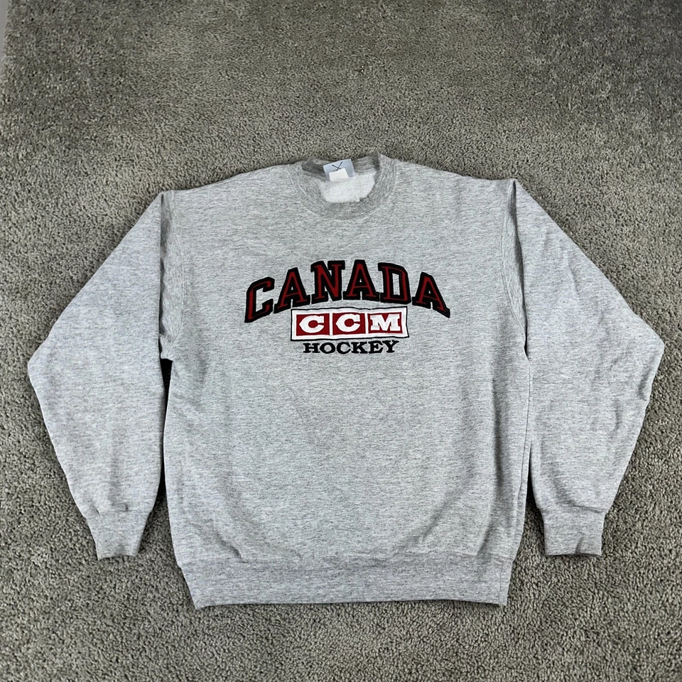 Sudadera De Colección Años 80 Equipo Canadá Para Hombres XL Gris Hockey CCM Cuello Redondo Bordada Foto 2 de 4