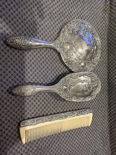 Antique Ornate Silver Plated Handheld Mirror ,Brush Comb Set Heavy 2lb 3oz 2