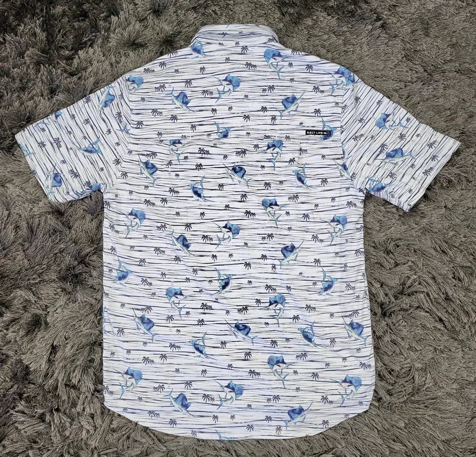 Camisa Salt Life SLX Para Hombre Pequeña Blanca Azul Manga Corta Palmera Marlin Pesca Foto 3 de 4