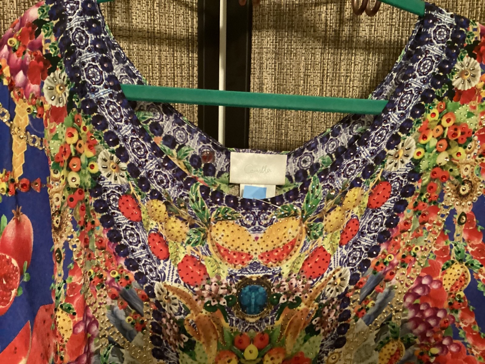 OOAK Camilla Gorgeous Crystal Beaded Print 100% Silk Kaftan Resort Dress EUC