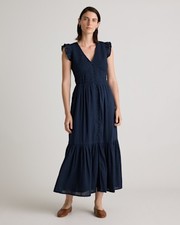 Quince Women Organic Textured Cotton Smocked V-Neck Midi Dress Navy S