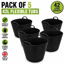 5 x BLACK 42L 42 Litre Large Flexi Tub Garden Flexible Storage Builders Bucket