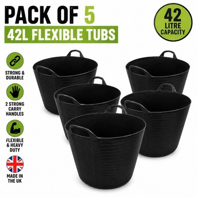 5 x SCHWARZ 42L 42 Liter große Flexi Wanne Garten flexibel Aufbewahrung Bauarbeiter Eimer