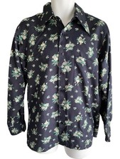 Vintage Sears Kings Road Shirt Mens Large Blue Floral Polyester Button Front 70s