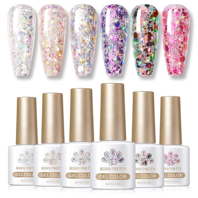 Glitter Sequins Gel Nail Polish Sparkly Shiny Pink Yellow Blue Green 6Pcs 7Ml Se