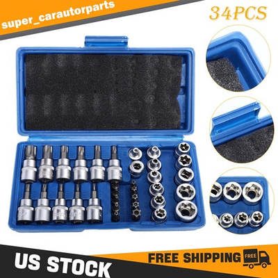 #ad 34pcs Torx Star Sockets amp; Bit Set Male Female E torx Security Bits 3 8 Drive $15.29