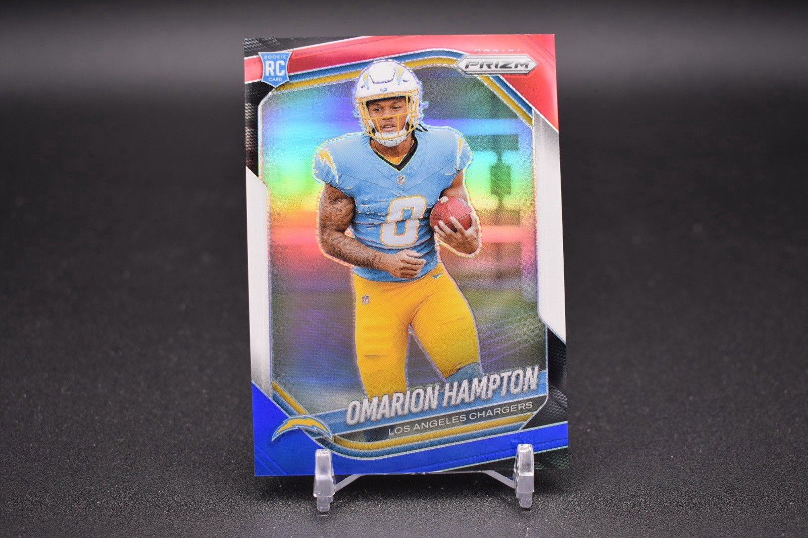 2025 Panini Prizm 355 Omarion Hampton Red White Blue (RC) LA Chargers