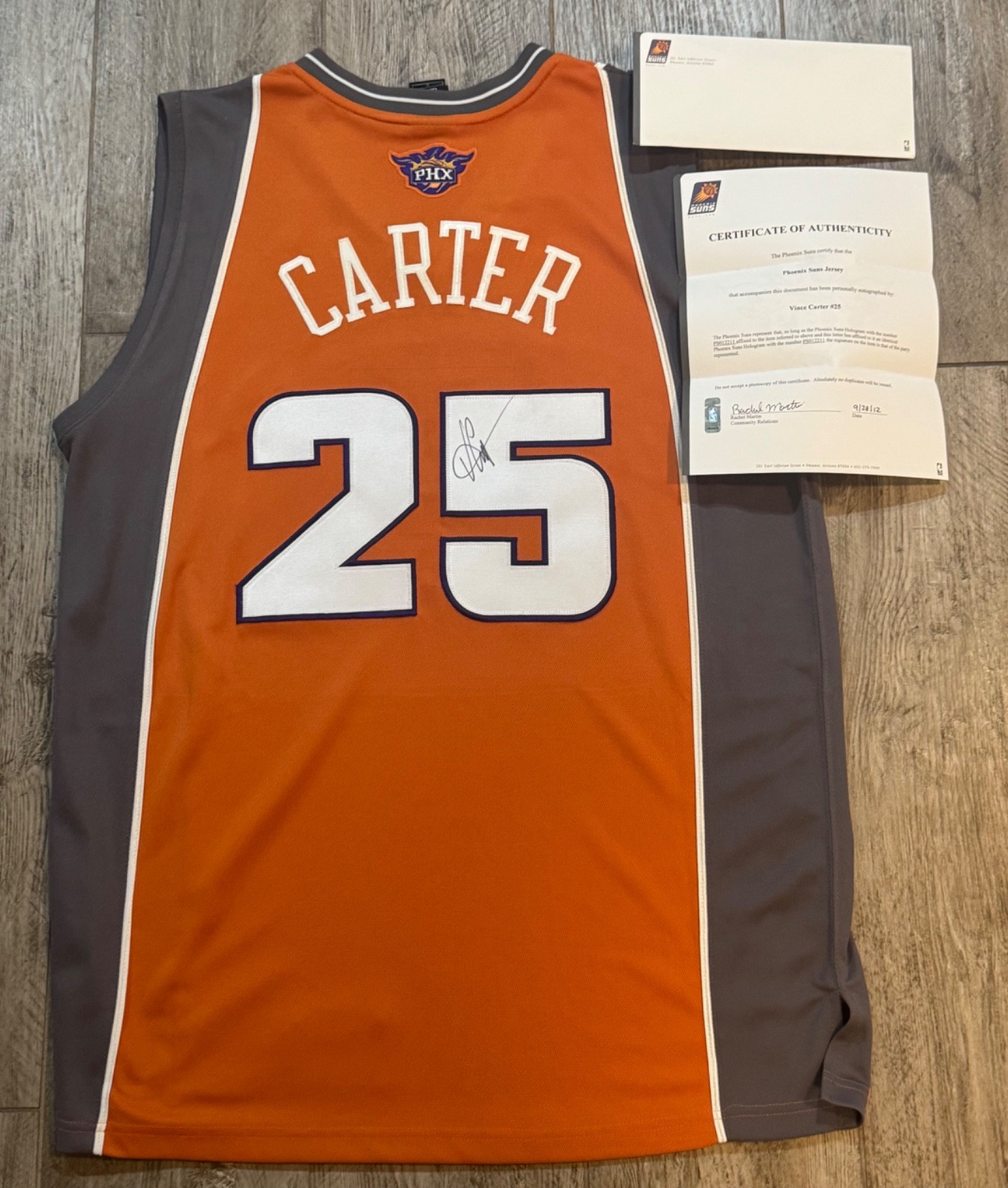 ADIDAS NBA AUTHENTICS VINCE CARTER SIGNED #25 ORANGE PHX SUNS JERSEY-48 W/COA