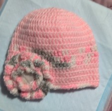 Handmade Pink Crochet Beanie Hat Stripe Flower 29.5cm Baby Girl