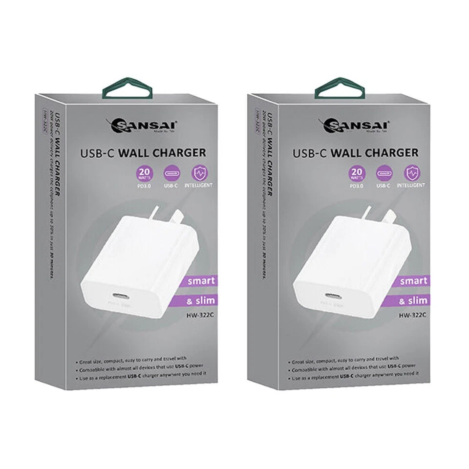 2PK Sansai Low Profile USB-C Wall Charger for Phone & Tablet PD20W White