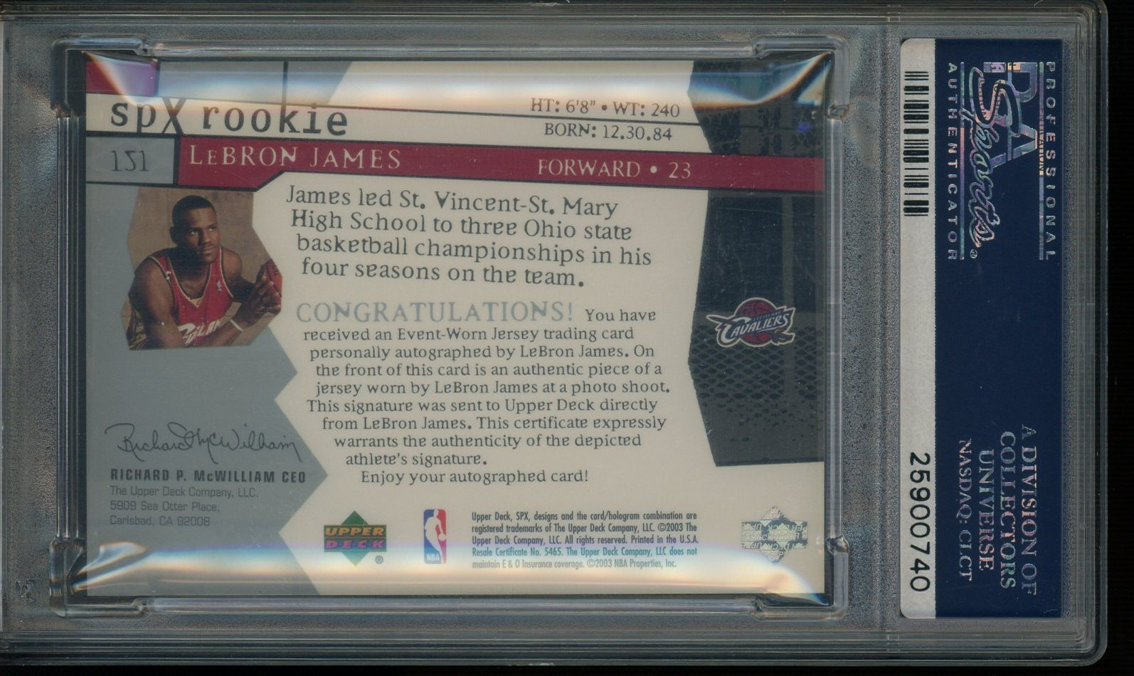 2003-04 Spx #151 LeBron James RC Rookie Jersey AUTO 179/750 PSA 10 GEM MINT view 2