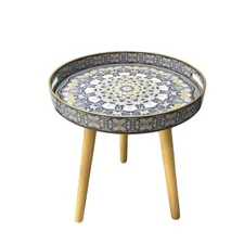 Moroccan-Style Round Serving Tray Table with Mandala Design–Foldable Wooden legs