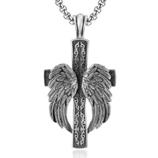 Men Silver Large Winged Cross Pendant Necklace Christian Jewelry Box Chain 24"
