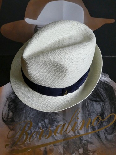 Cappello Borsalino Panama in paglia, nastro gros grain blu, logo laterale |  eBay