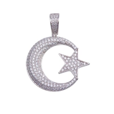Sterling Silver Moon & Star Hip Hop Pendant w/ Micro Pave CZ Stones