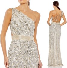 Mac Duggal NWT Nude Silver Sequin Long Open Back Dress Style 5687 Sz 12
