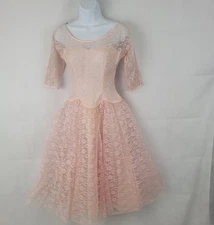 LORRIE DEB Womens Dress SMALL? (7) 1950s Tea Length Cocktail PINK Lace Party VTG