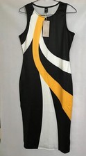 Ladies Women Black Yellow & White Bodycon Sleeveless Straight Midi Dress Size M