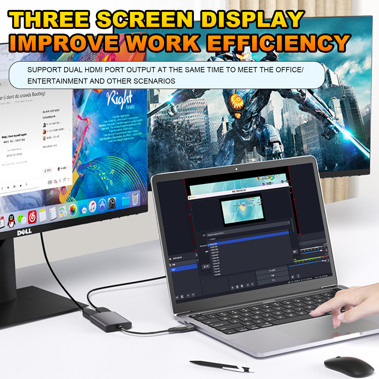 Type C/USB3.0 to Dual HDMI Adapter 1080P 60Hz Extend 2 Different Screen Hub US