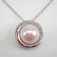 14K White Gold Plated 3Ct Round Pearl Halo Pendant Necklace Slide Chain 18"