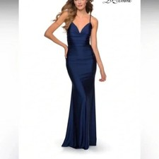 La Femme Gown Navy Blue Strappy Back Mermaid Prom Formal Size 6