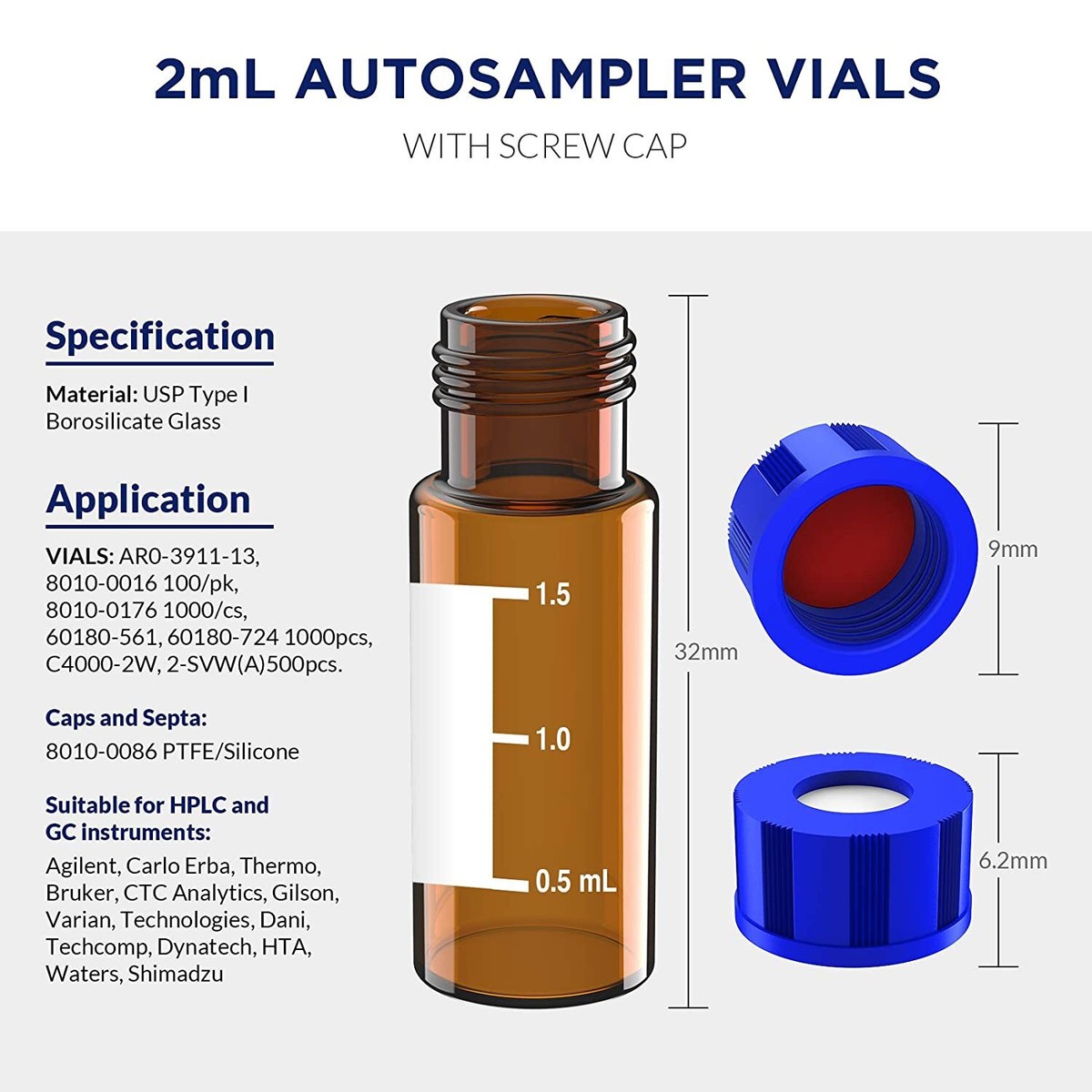 6000 Vials Per Autocampionatore SimPure 2ml Ambra - Tappi A Vite 9-425 Con Setto In PTFE/Silicone