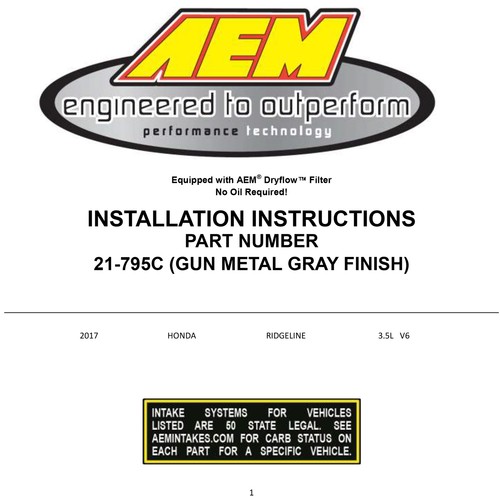 AEM 21-795C Cold Air Intake Kit System for 17-25 Ridgeline / 16-22 Pilot 3.5L V6 - Foto 10 di 19