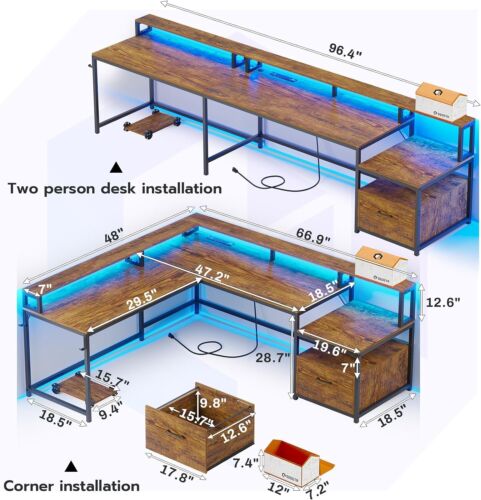 L Shaped Desk with Monitor Shelf 66" Home Office Desk w/Led Lights &Power Outlet - Picture 3 of 9