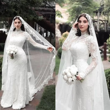 Lace Mermaid Gorgeous Wedding Dresses Bridal Gown High Neck Long Sleeves Ribbon