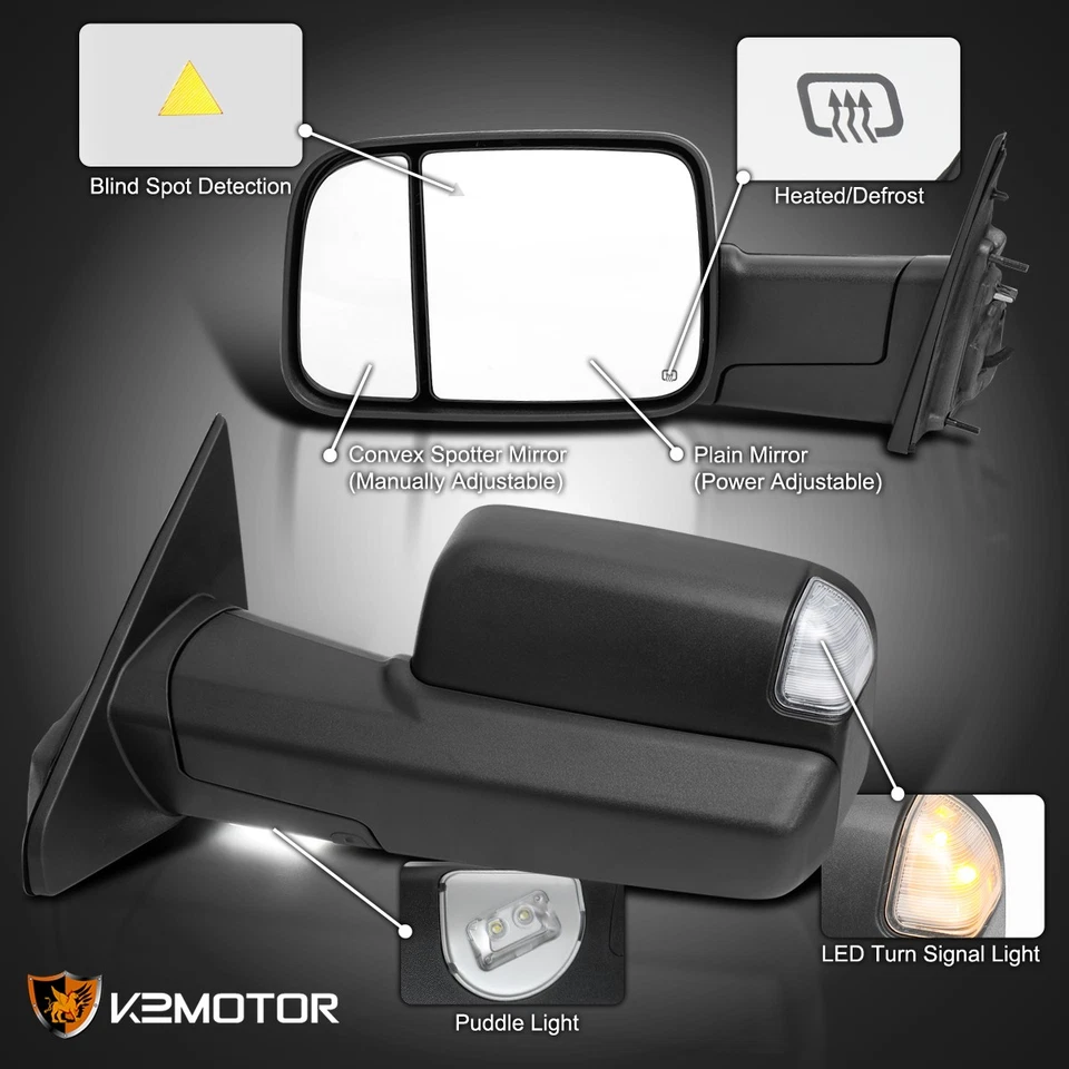 Fits 2019-2024 Ram 1500 Power Fold Power Heated Towing Mirrors+Puddle+BSM Pair - Image 3 of 4
