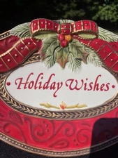 Fitz+Floyd demask holiday tray small 10.5X6.5" Discontinued Bow/green borders