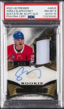 2022 UD PREMIER ACETATE ROOKIE AUTO PATCH JURAJ SLAFKOVSKY 3/35 PSA 8 AUTO 10