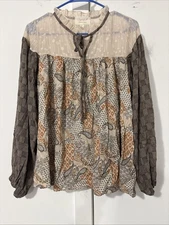 SUGARFOX BOHO MULTI-PATTERN BABYDOLL BOHO BLOUSE FALL COLORS SHEER TOP MEDIUM