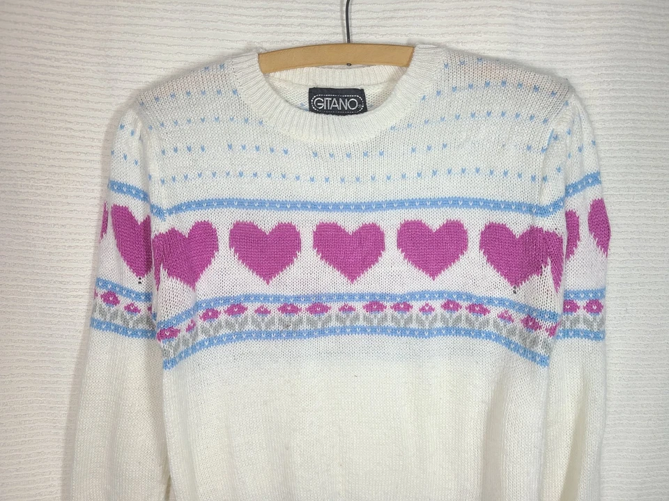 Vtg 80s Pink Hearts Sweater Intarsia NOS Gitano M 100% Acrylic Retro Mall Teen - Image 3 of 4