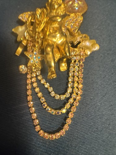 KIRKS FOLLY Rare Vintage 1980's Crystal Enamel Moon Gold Plated Cupid - Picture 3 of 7