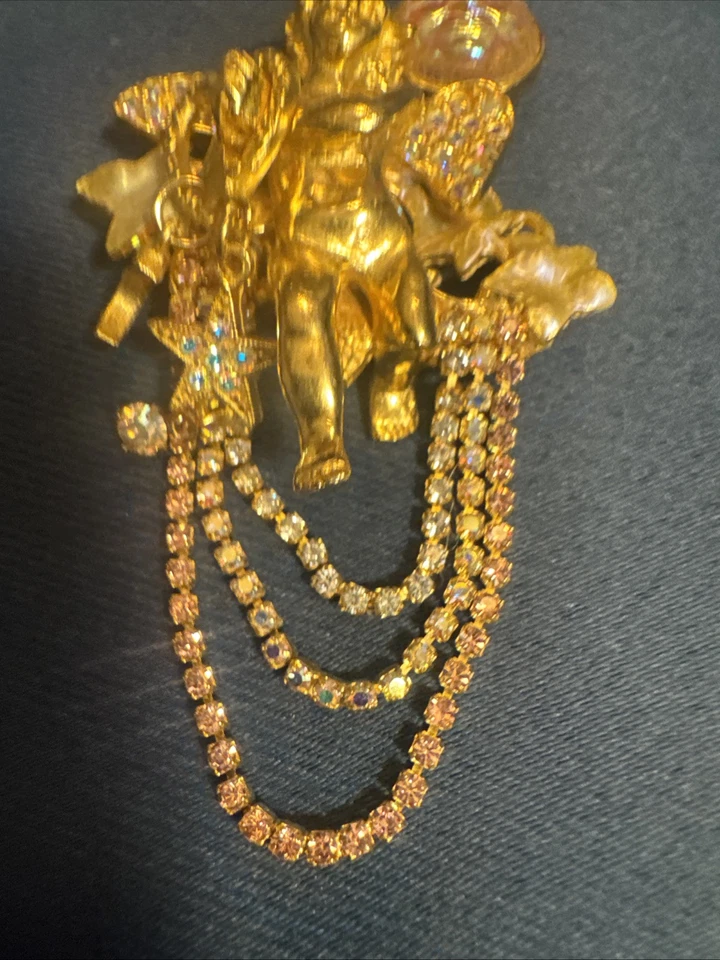 KIRKS FOLLY Raro De Colección Años 80 Cristal Esmalte Luna Chapado en Oro Cupido Foto 4 de 4