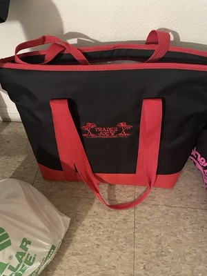 Trader Joe's Reusable Fabric Shopping Bag Black Red with Zipper Solid Pattern
