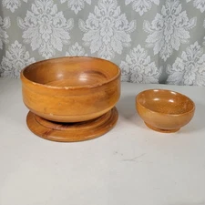 Set of Two Vintage Rustic Farmhouse and Handmade Wooden Bowls - Pedestal, Signed