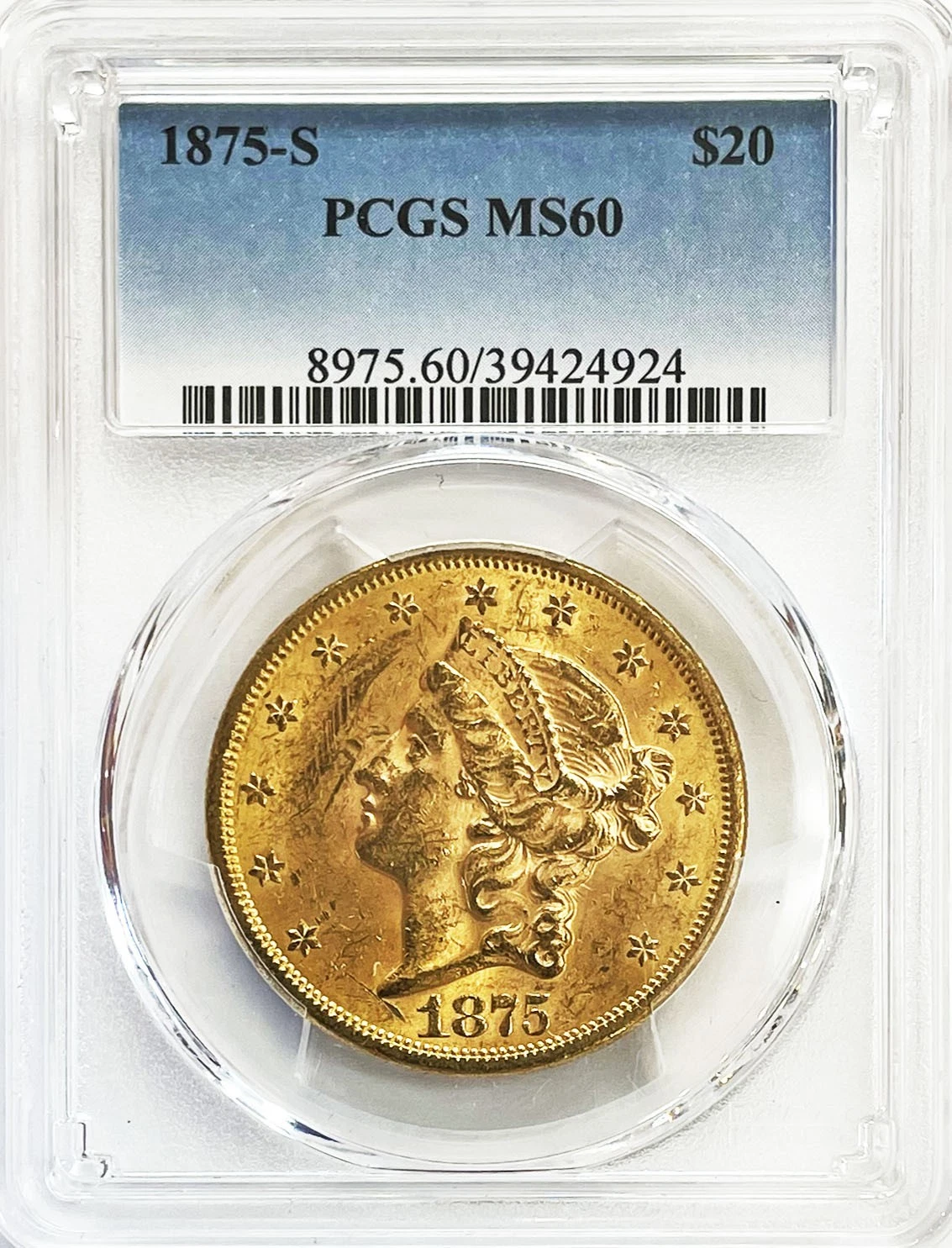 1875 S GOLD USA $20 LIBERTY HEAD DOUBLE EAGLE COIN PCGS MINT STATE 60