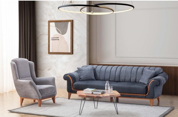 Blau-Graue Wohnzimmer Sitzgarnitur Stilvoller 3-Sitzer Luxus Sessel 2Tlg-image