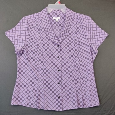 Croft & Barrow Blouse Womens XL Purple Geometric Button Down Short Sleeve Office