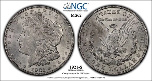 1921-S Morgan Silver Dollar NGC MS62 San Francisco