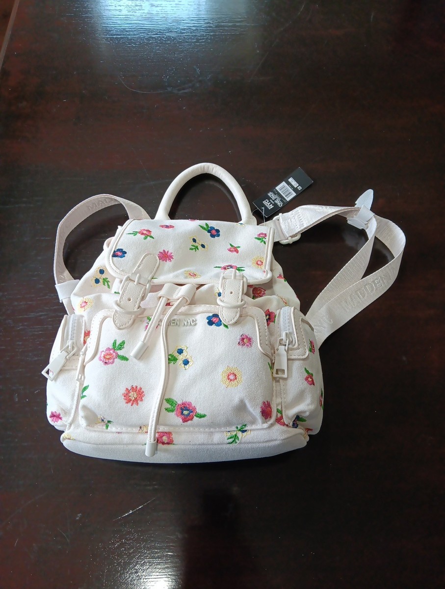 a mini backpack with flowers wight Madden NYC White Embroidered Flowers Mini Backpack Cute Boho Bag Purse